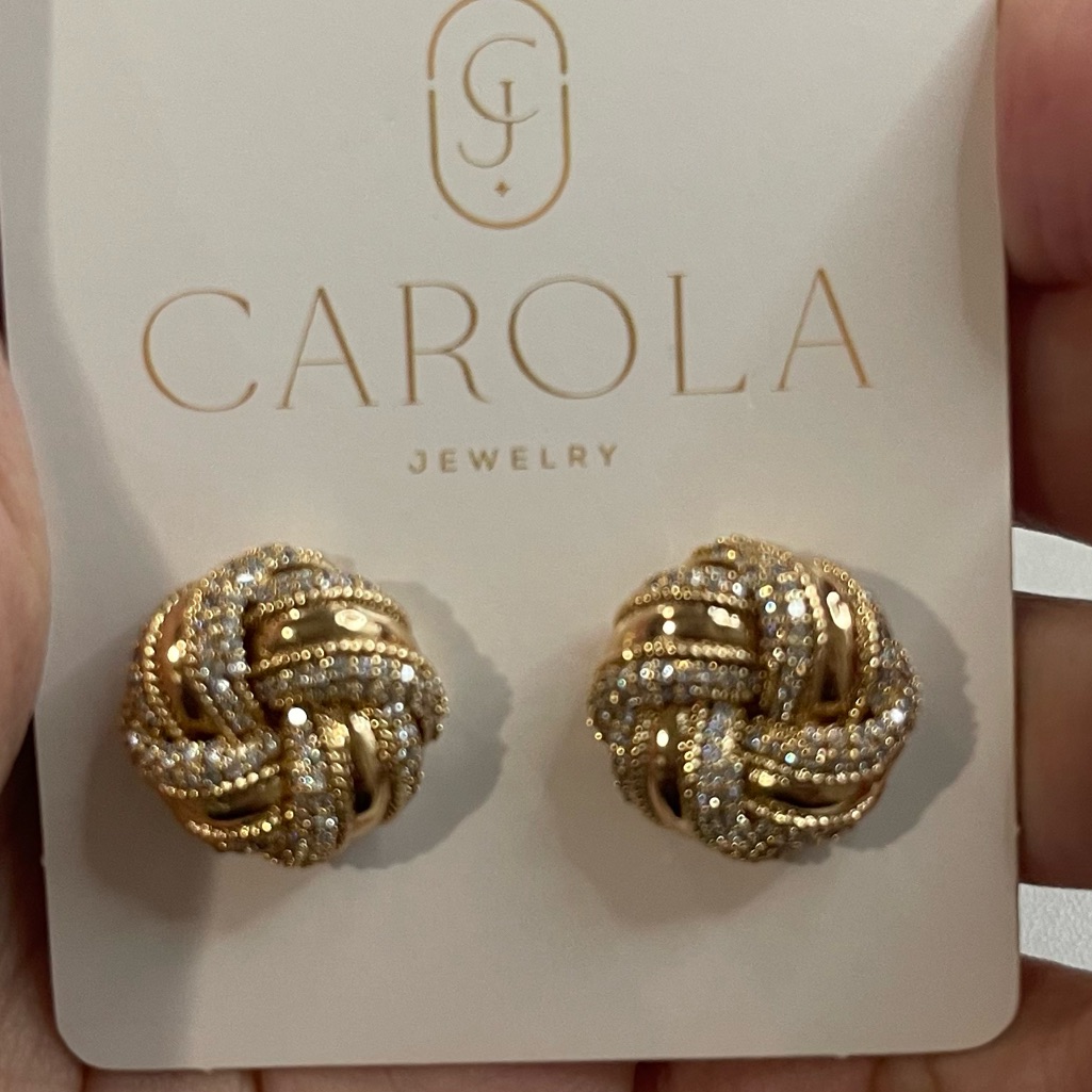 Elegant 18k Gold Plated Silver Two-Tone Cz Knot Studs Earrings Made In Brazil
